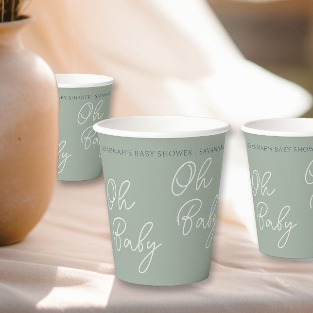 Simple Modern Oh Baby Script Sage Green Shower Paper Cups (Oh Baby paper cups from my Tricolor Baby Shower Collection)