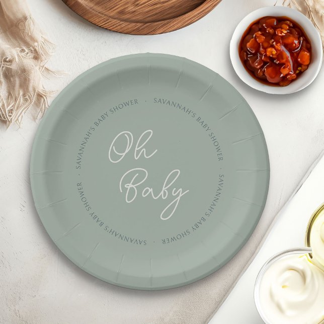 Simple Modern Oh Baby Script Sage Green Shower Paper Plate (Oh Baby paper plates from my Tricolor Baby Shower Collection)
