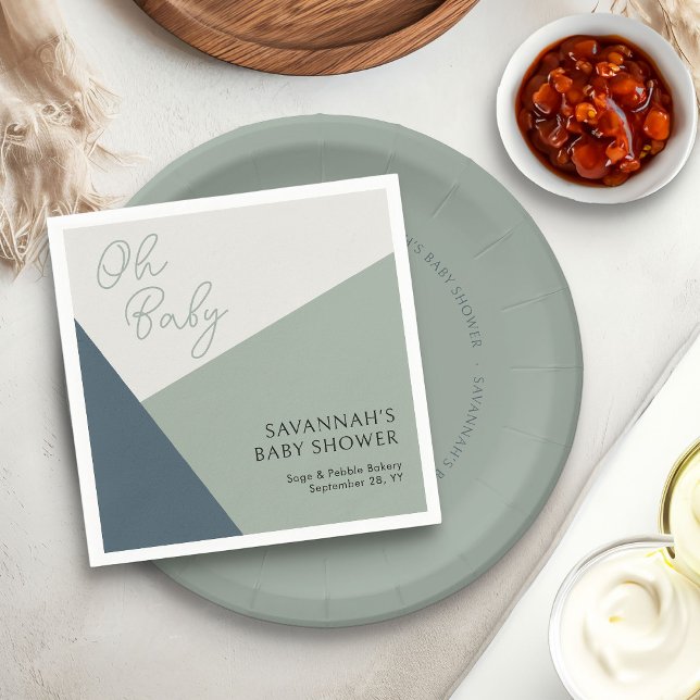 Simple Modern Oh Baby Script Sage Green Tricolor  Napkin (Oh Baby napkins from my Tricolor Baby Shower Collection)