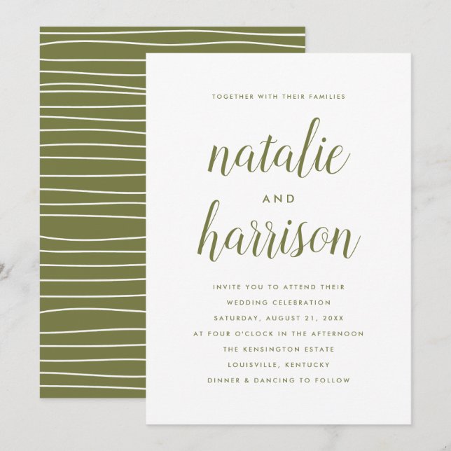 Simple Modern Olive Green Script Wedding Invitation (Front/Back)
