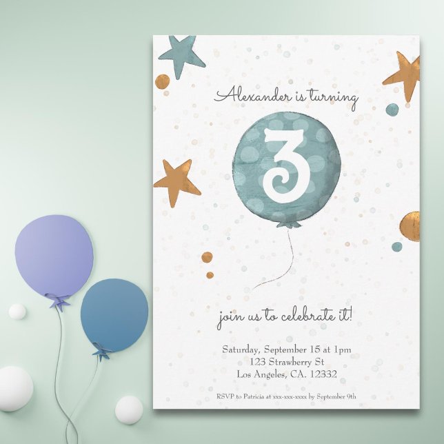 Simple Modern Orange Blue Balloon 3rd Birthday Invitation (Creator Uploaded)