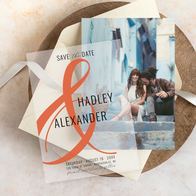 Simple Modern ORANGE Overlay Wedding Save the Date Vellum Invitations (Modern burnt orange Italian sunset ampersand wedding save the date vellum overlay for photo underlay)