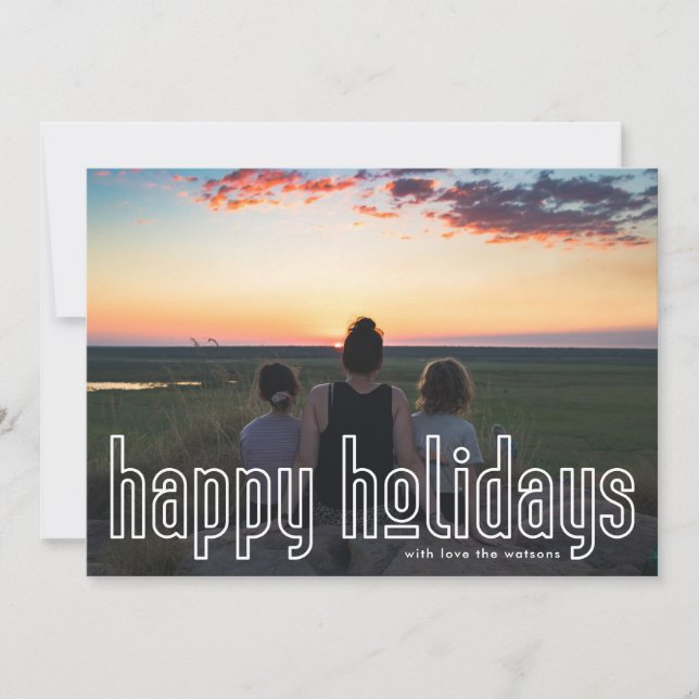 Simple Modern Outlined White Photo Happy Holiday Card (Front)