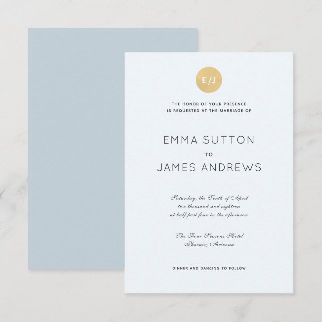 Simple Modern Pale Blue Gold Wedding Invitation (Front/Back)
