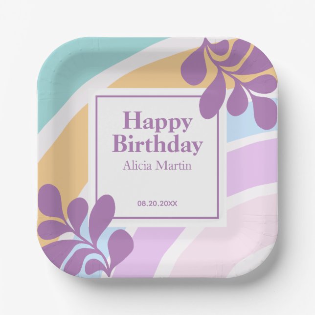 Simple Modern Pastel Rainbow Leaf Birthday Paper Plate (Front)
