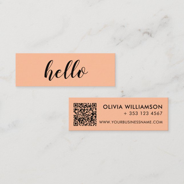 Simple Modern Peach Hello QR Code Mini Business Card (Front/Back)
