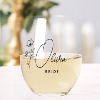 Simple Modern Personalized Bride Floral Stemless Wine Glass