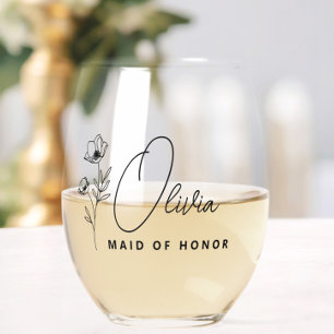 Simple Modern Personalized Bridesmaid Floral Stemless Wine Glass