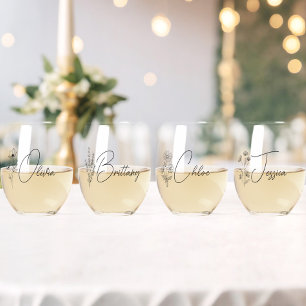 Simple Modern Personalized Bridesmaid Floral Stemless Wine Glass