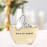 Simple Modern Personalized Maid of Honour Stemless Wine Glass<br><div class="desc">Looking for a chic, trendy, yet simple gift for your Maid of Honour and Bridesmaids? These modern script stemless wine glasses are a practical gift that they can use even after your wedding day! All text, including title and script names, can be changed. You can change the title to fit...</div>