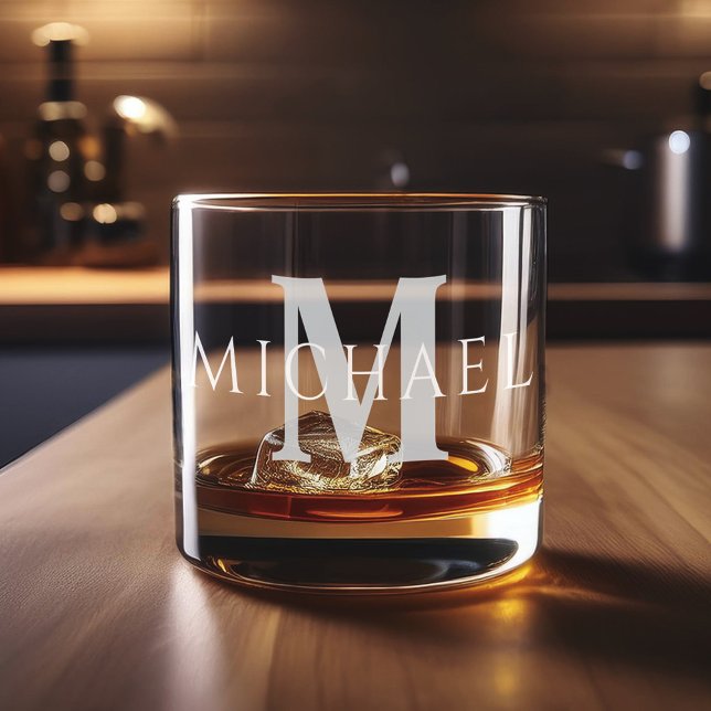 Simple Modern Personalized Name Initial Monogram Whiskey Glass (Creator Uploaded)