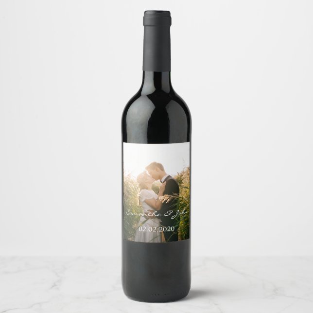 Simple Modern Personalized Wedding Photo Wine Label (Front)