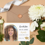 Simple modern photo arch gold Graduation Party Save The Date<br><div class="desc">A photo Save the date card for a graduation party. On front: Add your own vertical size photo of the graduate. Faux gold photo arch frame. A chic white background, black text. Templates for a name and date. The name and the text: Save the Date are written with a modern...</div>