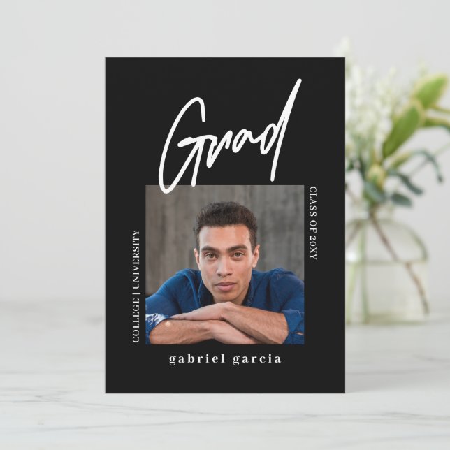 Simple Modern Photo Black Graduation Party Invitation (Standing Front)