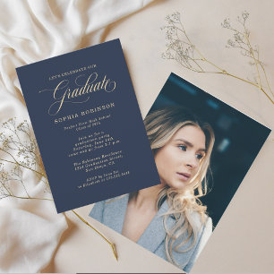 Simple Modern Photo Blue Gold Graduation Party  Invitation