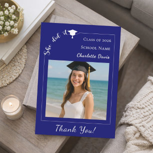Simple modern photo blue Graduate She did it Thank You Card