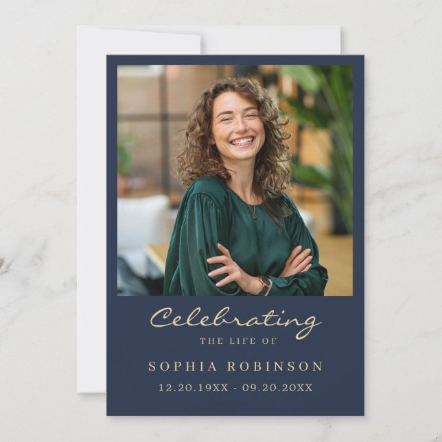 Simple Modern Photo Gold Script Blue Memorial Card (Front)