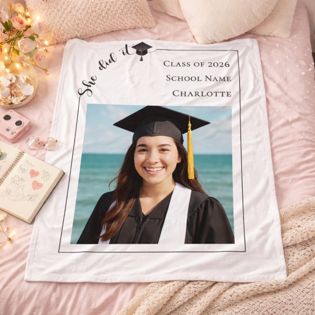 Simple modern photo Graduation she did it Fleece Blanket (Creator Uploaded)