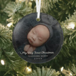 Simple Modern Photo My First Christmas Baby Glass Ornament<br><div class="desc">Cute Baby's First Christmas Ornament featuring a simple yet elegant design with "My Very First Christmas" along with baby's name and birth year over your favourite newborn photo.  This modern gender neutral baby ornament makes a great gift for new parents,  whether they have a boy or a girl.</div>