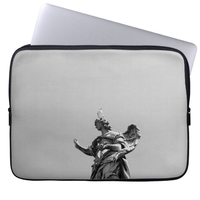 Simple, modern photo of seagull on top of statue laptop sleeve (Front)