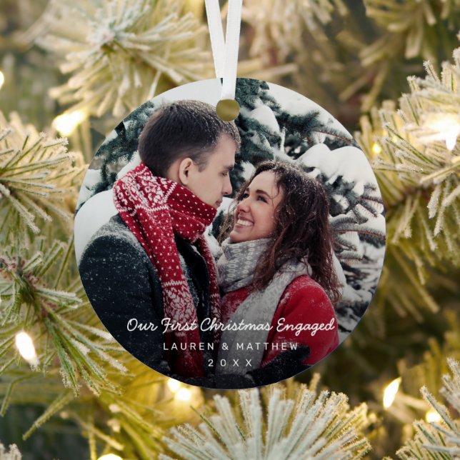 Simple Modern Photo Our First Christmas Engaged Metal Ornament (Insitu)