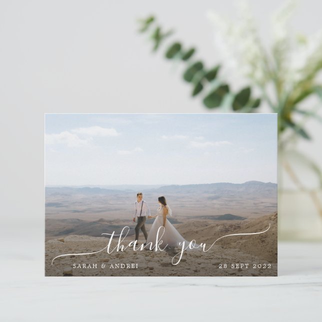 Simple Modern Photo Script Boho Border Wedding Thank You Card (Standing Front)