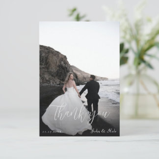 Simple Modern Photo Script Frame Wedding Thank You Card