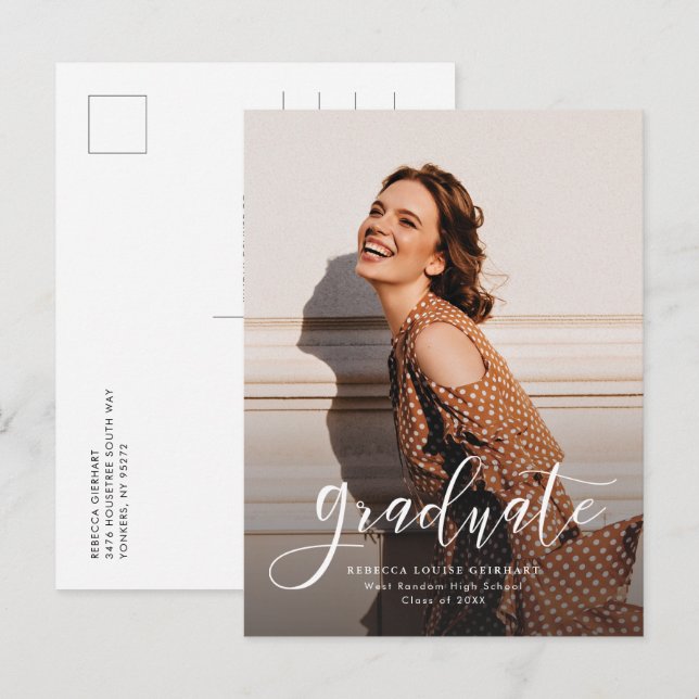 Simple Modern Photo Script Graduation Announcement Postcard (Front/Back)