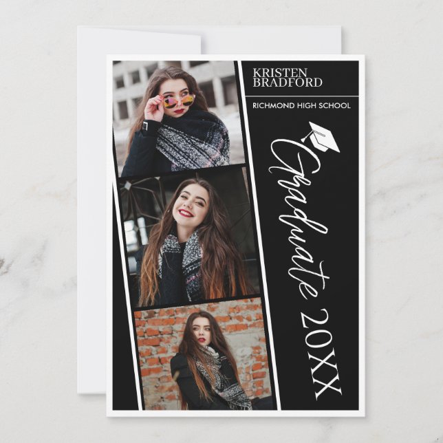 Simple Modern Photo Strips Black Graduation Announcement (Front)
