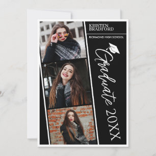 Simple Modern Photo Strips Black Graduation Announcement