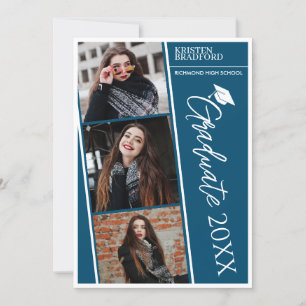 Simple Modern Photo Strips Blue Graduation Announcement