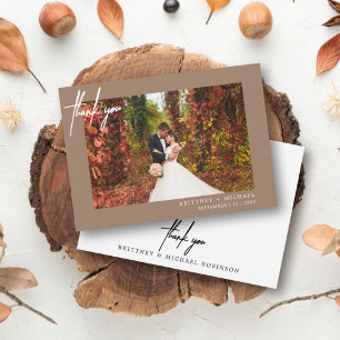 Simple Modern Photo Tan Wedding Thank You Card