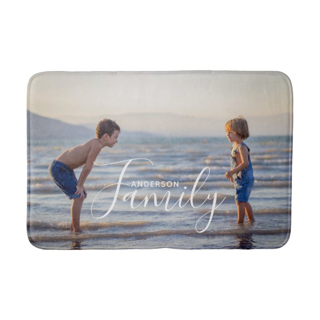 Simple Modern Photo Template Custom Family Name Bath Mat (Front)