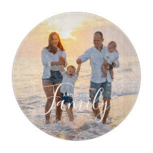 Simple Modern Photo Template Custom Family Name Cutting Board