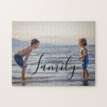 Simple Modern Photo Template Custom Family Name Jigsaw Puzzle<br><div class="desc">Simple Modern Photo Template Custom Family Name Jigsaw Puzzle features your favourite photo with your personalized family name. Makes a fantastic gift for Christmas,  birthday,  anniversary,  Mother's Day,  Father's Day,  Grandparents Day and more. Personalize by editing the text in the text box provided. Designed by ©Evco Studio www.zazzle.com/store/evcostudio</div>
