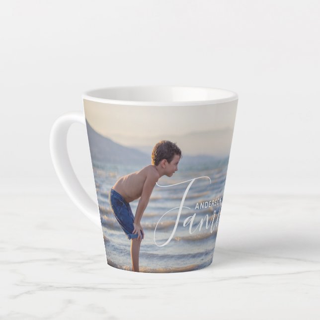 Simple Modern Photo Template Custom Family Name Latte Mug (Left Angle)