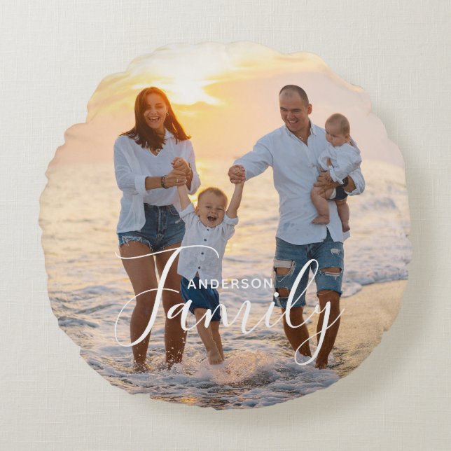 Simple Modern Photo Template Custom Family Name Round Pillow (Front)