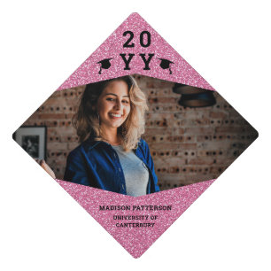 Simple Modern Pink Glitter Photo Grad Graduation Graduation Cap Topper