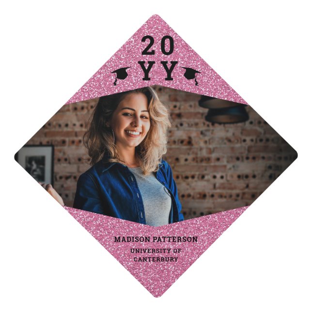 Simple Modern Pink Glitter Photo Grad Graduation Graduation Cap Topper (Front)