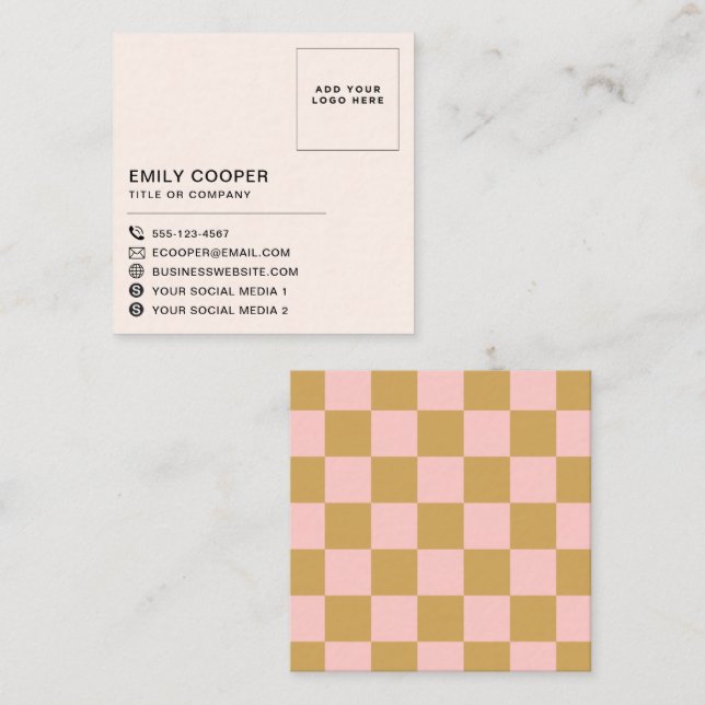 Simple Modern Pink Gold Chequered Chequerboard Log Square Business Card (Front/Back)