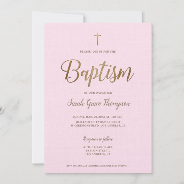 Simple Modern Pink Gold Cross baby Girl Baptism  Invitation (Front)