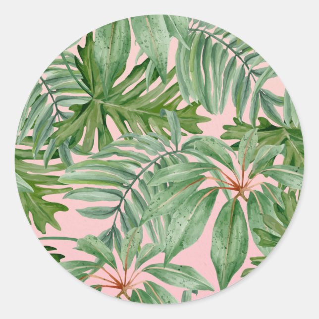 Simple Modern Pink Palm Leaf Tropical Floral  Classic Round Sticker (Front)
