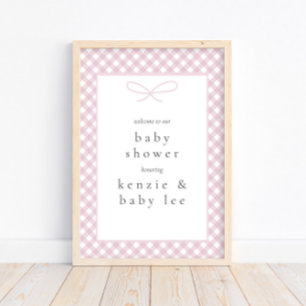 Simple Modern Pink Plaid Bow Baby Shower Welcome Poster