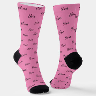 Simple Modern Pink Script Repeating Name Socks