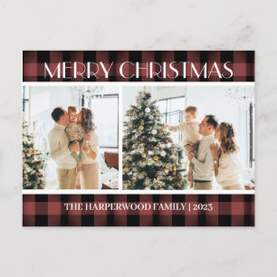 Simple Modern Plaid Christmas Family Two Photo Holiday Postcard