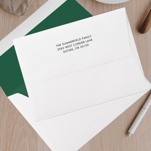 Simple Modern Plain Green Return Address Mailing Envelope (White Envelope Green Interior with Custom Return Address)