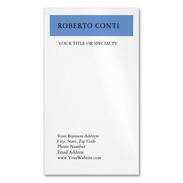 Simple Modern Plain Minimalist Blue White Magnetic Business Card (Front Vertical)