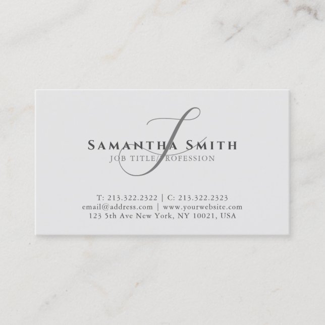 Simple Modern Professional Grey Script Monogrammed Business Card (Front)