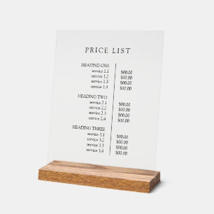 Simple Modern Professional Menu Price List Acrylic Sign
