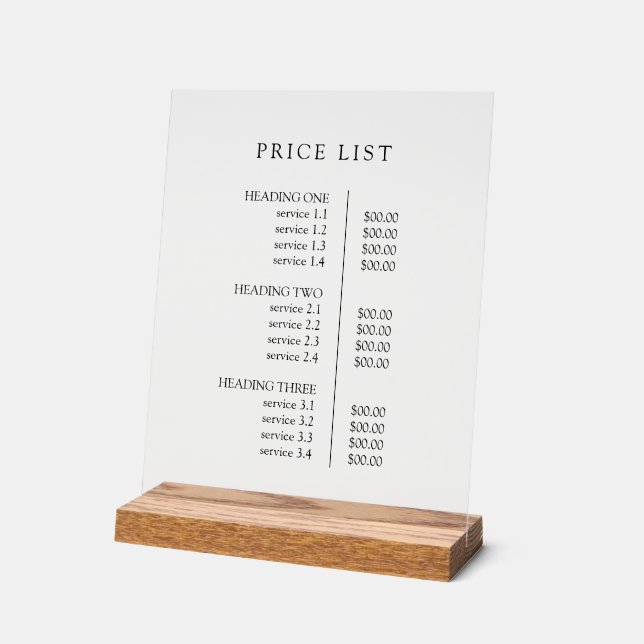 Simple Modern Professional Menu Price List Acrylic Sign (Angle)